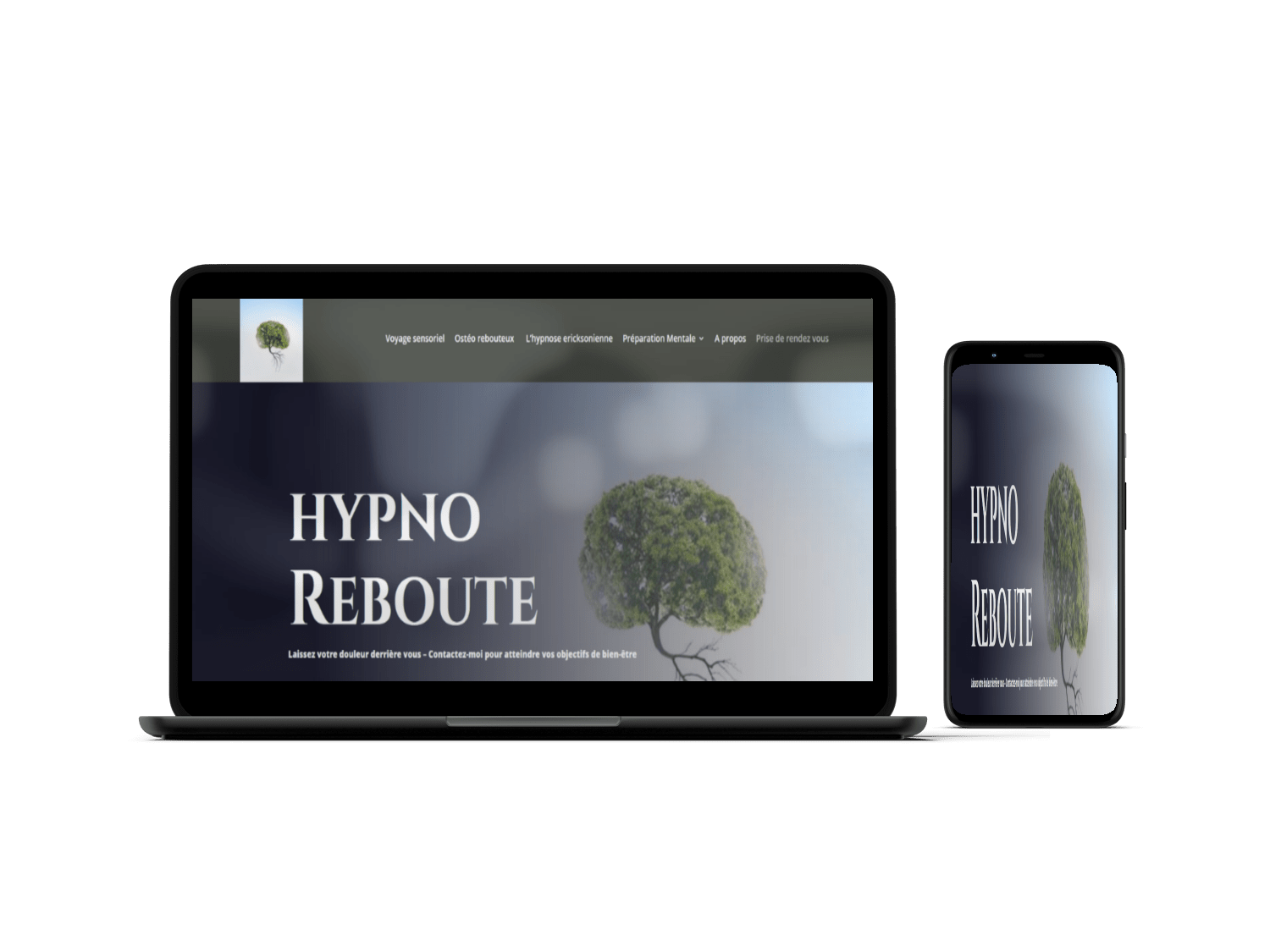 mockuper (3) Pc sur portable mobile avec fond d'écran du site conçu par webdesigncretor:Le site du Hypnose rebouteu